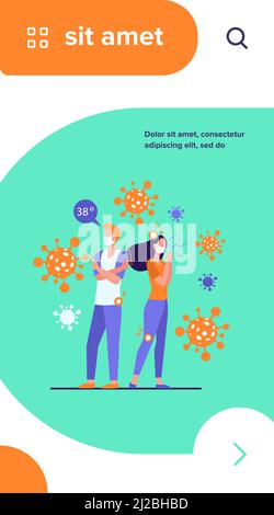 Infizierte Menschen mit Gesichtsmasken leiden unter Angst und Coronavirus-Symptome. Mann und Frau fühlen Fieber, Kopf- und Gelenkschmerzen. Kann für verwendet werden Stock Vektor