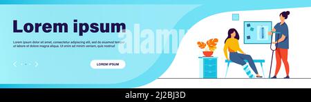 Frau mit verletzten gebrochenen Bein in Gips gegossen sitzt in der Arztpraxis, unter Röntgenaufnahme und Krücke. Vektordarstellung für Trauma, Krankenhaus, Behandlung, Stock Vektor