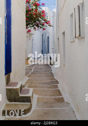 Typische schmale Gasse in der Altstadt von Chora, iOS, Griechenland Stockfoto