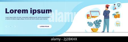 Männliche Student Wahl Programm in der Hochschule. Junger Mann in Graduierung Kappe Denken über zukünftige Beschäftigung. Vektor-Illustration für Chancen, Karriere A Stock Vektor