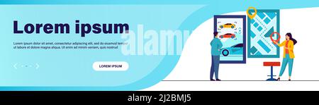 Mann, der sich ein Auto mietet. Car-Sharing-App, Stadtplan mit Zeigern. Berater flache Vektor-Illustration. Transport, Stadtverkehr Konzept für Banner, Web Stock Vektor