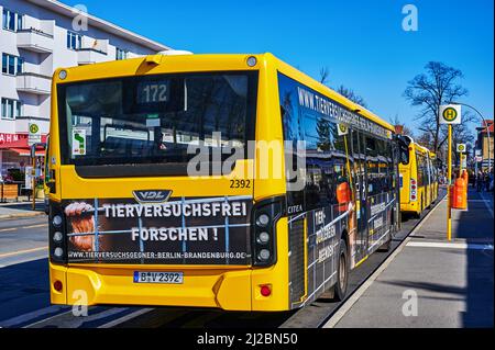 Berlin, Deutschland - 22. März 2022: Straßenszene an einer Bushaltestelle in einer kleinen Einkaufsstraße in Lichtenrade am Stadtrand von Berlin. Stockfoto