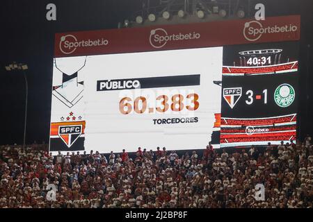 Sao Paulo, Brasilien. 31. März 2022. SP - Sao Paulo - 03/30/2022 - PAULISTA 2022, SAO PAULO X PALMEIRAS - Anzeigetafel zeigt die Anzahl der Fans während eines Spiels zwischen Sao Paulo und Palmeiras im Morumbi Stadion für die Paulista 2022 Meisterschaft. Foto: Marcello Zambrana/AGIF Quelle: AGIF/Alamy Live News Stockfoto