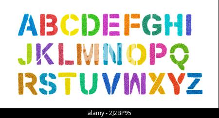 Buntes Alphabet aus Glitzer isoliert auf Weiß Stockfoto