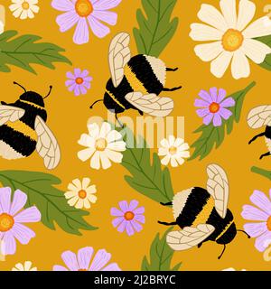Niedliche Hummel auf Wiese nahtloses Muster. Tapete mit Bienen und Blumen. Sommerhintergrund. Handgezeichnete Blüten Design Textur für Druck, Stoff, Wrap Stock Vektor