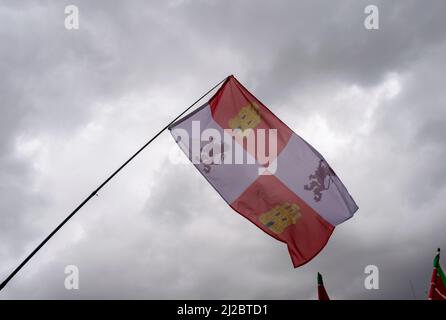 Die Flagge von Kastilien und Leon während eines Protestes gegen das Tierschutzgesetz in Madrid, Spanien Stockfoto