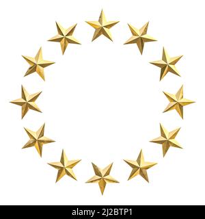 Kreis aus goldenen Sternen auf weißem Hintergrund. 3D Rendern Stockfoto