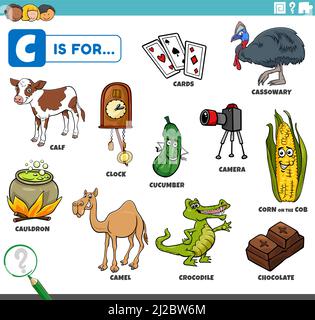 Pädagogische Cartoon-Illustration von Comic-Figuren und Objekte beginnend mit Buchstabe C für Kinder Stock Vektor