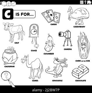 Schwarz-Weiß-Bildungs-Cartoon-Illustration von Comic-Figuren und Objekte beginnend mit Buchstabe C Set für Kinder Malbuch Seite Stock Vektor