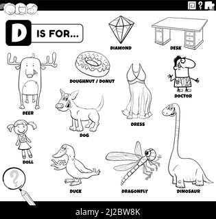Schwarz-Weiß-Bildungs-Cartoon-Illustration von Comic-Figuren und Objekte beginnend mit Buchstabe D-Set für Kinder Malbuch Seite Stock Vektor