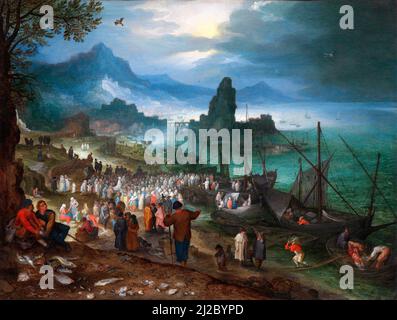 Hafenszene mit Christuspredigten von Jan Brueghel dem Älteren (1568-1625), Öl auf Kupfer, 1597 Stockfoto