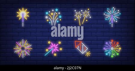 Leuchtreklame mit Feuerwerk. Cracker, Petard, Explosion, Sparkler. Vektor-Illustration in Neon-Stil, helle Banner für Themen wie Silvester-Party, Urlaub Stock Vektor
