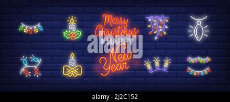Neujahrsdekor Neon-Schild mit Lichterketten, Girlande, Stränge. Vektor-Illustration in Neon-Stil, helle Banner für Themen wie Weihnachten, Weihnachten, de Stock Vektor