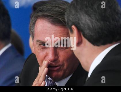 Brasilia, Brasilien. 31. März 2022. DF - Brasilia - 03/31/2022 - BRASILIA, EINRICHTUNG UND VERABSCHIEDUNG DER STAATSMINISTER - der Präsident der Republik, Jair Bolsonaro, während des Hochfestes der Einweihung und Verabschiedung der Staatsminister am Donnerstag, dem 31. März. Foto: Mateus Bonomi/AGIF/Sipa USA Quelle: SIPA USA/Alamy Live News Stockfoto