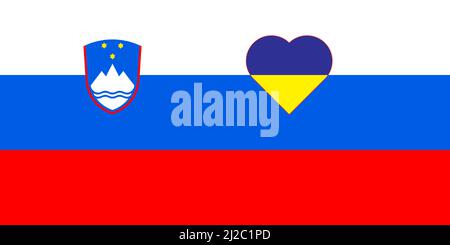 Ein Herz, das in den Farben der Flagge der Ukraine auf der Flagge Sloweniens gemalt ist. Darstellung eines blauen und gelben Herzens auf dem nationalen Symbol. Stock Vektor