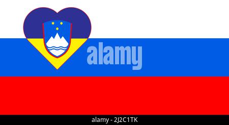 Ein Herz, das in den Farben der Flagge der Ukraine auf der Flagge Sloweniens gemalt ist. Darstellung eines blauen und gelben Herzens auf dem nationalen Symbol. Stock Vektor