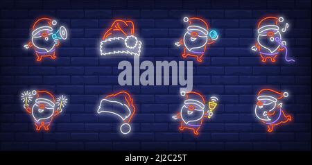 Weihnachtsmann feiert Weihnachten Neon-Zeichen gesetzt. Netter Charakter klingelt Glocke, schreit an Lautsprecher, singen am Mikrofon. Vektor-Illustration in Neon-Stil f Stock Vektor