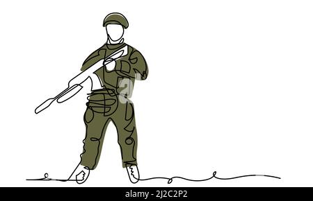 Soldat im vollen Wachstum mit der Waffe im Helm und khaki die militärische Form der Streitkräfte. Vektorgrafik. Eine fortlaufende Linie Art Zeichnung Hintergrund Stock Vektor