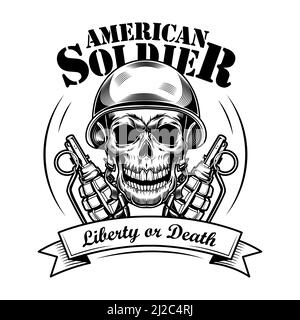 Amerikanische Soldat Schädel Vektor-Illustration. Kopf des Skeletts in tankman Helm, zwei Granaten und Freiheit oder Tod Text. Militär- oder Armeekonzept für e Stock Vektor