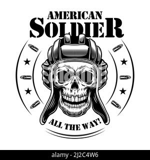 American Tankman Schädel Vektor Illustration. Heal von Skelett in Tankman Hut, kreisförmigen Rahmen mit Sternen und Kugeln, den ganzen Weg Text. Militär oder Armee Stock Vektor