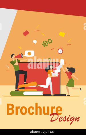 Wütender Chef mit Megaphon, das Mitarbeiter anruft, weil die Frist nicht eingehalten wurde. Büroangestellte laufen in Chaos, Panik und Eile. Vektorgrafik für Überwund Stock Vektor