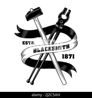 Blacksmiths Instrument Vektor Illustration. Gekreuzte Hämmer, Zangen, Band mit Text. Handwerk und Metallbearbeitung Konzept für Embleme oder Etiketten Schablonen Stock Vektor