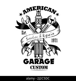 Auto Teile und Schraubenschlüssel Vektor-Illustration. Zündkerze Chrom, gekreuzte Schraubenschlüssel, Garage benutzerdefinierten Text. Car Service oder Garage Konzept für Embleme oder labe Stock Vektor