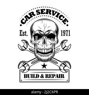 Vektorgrafik für den Autoservice. Monochrom Schädel, gekreuzte Schraubenschlüssel, bauen und reparieren Text. Car-Service oder Garage Konzept für Embleme oder Etiketten templa Stock Vektor