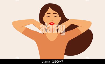 Nette junge Frau, die vorne steht und ihr Gesicht berührt. Konzept der Hautpflege, tägliche Routine, Gesichtsmassage, Verfahren. Flach moderne Cartoon krank Stock Vektor