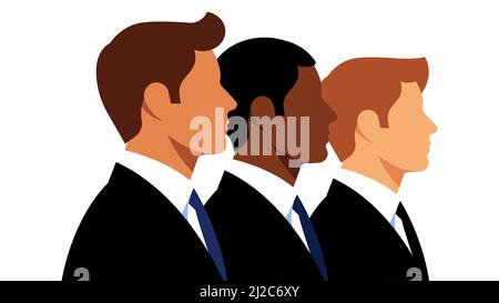 Geschäftsleute in Anzügen. Drei junge Männer in eleganten schwarzen Anzügen. Das Konzept der Teamarbeit, des Geschäfts, der Aktienmärkte und des Handels. Moderne Vektorgrafik Stock Vektor