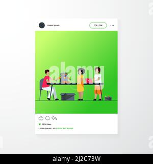 Kinder, die Cyborg im Robotikunterricht vorführen. Kinder zeigen Roboter Lehrer. Vektor-Illustration für Bildung, Robotertechnik, Schulprojekt Stock Vektor