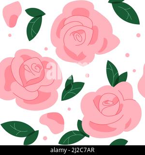 Rosa Rosen mit Blättern im Vintage-Stil. Handgezeichnete Blumen für Dekoration, Postkarte, Design, Cover, Verpackung. Vektorgrafik im Retro-Stil Stock Vektor