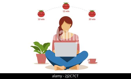 Pomodoro-Zeitschaltuhr. Die Frau arbeitet am Laptop und verwendet das Zeitmanagement-Instrument Pomodoro. Moderne flache Vektorgrafik. Stock Vektor