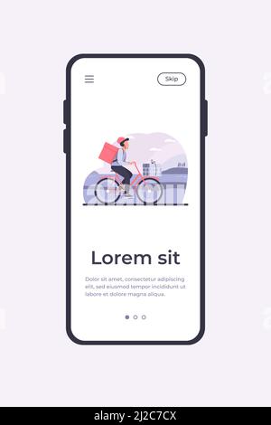 Kurier Fahrrad mit Paketen fahren. Mann auf Fahrrad Trageboxen im Warenkorb und Rucksack flache Vektor-Illustration. Lieferservice, Auftragskonzept für banne Stock Vektor