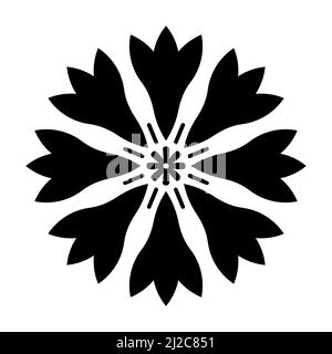 Abstrakte Kornblumenform. Schwarzer Kornblumendruck. Schwarze Blume mit Mitte und Blütenblättern Draufsicht. Vektorgrafik für Logo, Ikone, Dekoratio Stock Vektor