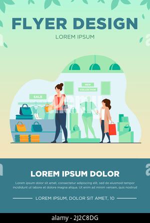 Weibliche Kunden einkaufen im Bekleidungsgeschäft. Frauen wählen Kleidungsstücke, Mode-Accessoires zum Verkauf in der Boutique. Vektorgrafik für Einzelhandelsgeschäft, märz Stock Vektor