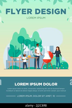 Vater Kochen Grill auf Picknick. Park, Natur, Lebensmittel flach Vektor-Illustration. Familien- und Wochenend-Konzept für Banner, Website-Design oder Landing Web p Stock Vektor