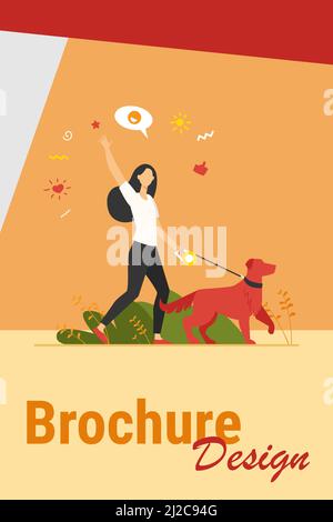 Gesichtslose glückliche Frau zu Fuß mit Hund im Park isoliert flache Vektor-Illustration. Mädchen mit Haustier an der Leine schlendern in der Natur und winken. Tier, lebst Stock Vektor