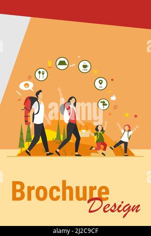 Familienwandern oder Location App Konzept. Vater, Mutter und Kinder gehen im Freien, tragen Rucksäcke und Picknickkorb. Vektorgrafik für Nocken Stock Vektor