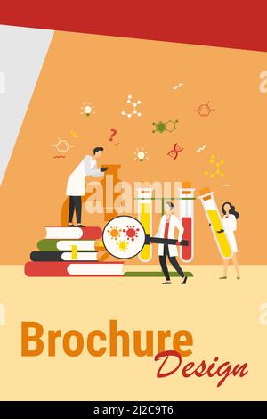 Gruppe von Wissenschaftlern mit Mikroskop, Reagenzgläsern und Büchern, die Epidemiologie erforschen. Chemiker, die Coronavirus-Tests im medizinischen Labor studieren. Kann sein Stock Vektor
