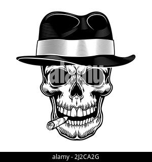 Gangster Schädel Vektor Illustration. Kopf des Skeletts in Hut mit Zigarre im Mund. Kriminelles und Mafia-Konzept für Bandenembleme oder Tattoo-Vorlagen Stock Vektor