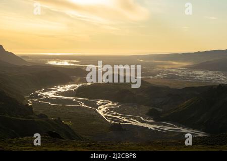 Þórsmörk bei Sonnenuntergang Stockfoto