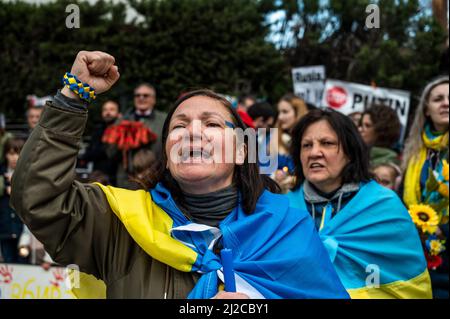 Madrid, Spanien. 31. März 2022. Während eines Protestes vor der russischen Botschaft von Madrid wird eine Frau mit ukrainischen Flaggen gesehen, die Slogans gegen Präsident Wladimir Putin anruft. Mitglieder der ukrainischen Gemeinschaft haben sich versammelt, um gegen die russische Invasion in der Ukraine zu protestieren, mit Kerzen, Sonnenblumen und einem kleinen Sarg als Symbol, um den Tod junger Kinder während des Krieges zu zeigen. Quelle: Marcos del Mazo/Alamy Live News Stockfoto