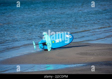 Blaues Tabou-Folierbrett an einem Strand Stockfoto