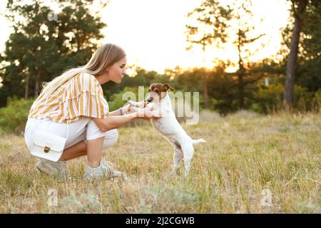 Junge Frau mit niedlichen Jack Russel Terrier im Park Stockfoto
