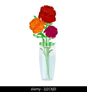 Glasvase mit Rosen isoliert auf weißem Hintergrund. Rote Rosen Bouquet in Glasschale mit Wasser.Posy von Blumen.Blumenzusammensetzung.Gartenblüte.Vektor Stock Vektor
