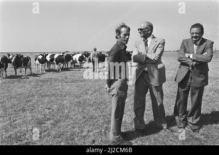 Minister van der Stee besucht Ameland, Van der Stee im Gespräch mit Viehzüchter Ca. 10. August 1976 Stockfoto