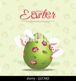 Zwei Kaninchen schauen hinter einem großen Ei heraus. Grußkarte für Ostern, Promotion- und Einkaufsvorlage Stock Vektor