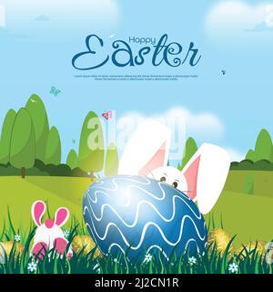 Osterthema, niedliche Kaninchen spielen im natürlichen Hintergrund auf Gras und Blumen, Kaninchen spähen von hinten Eier, Ostern Grüße in der natürlichen BA Stock Vektor