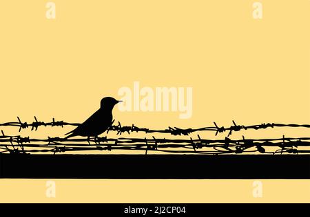 Vogel auf altem Stacheldraht bei Sonnenuntergang, Silhouette Stock Vektor